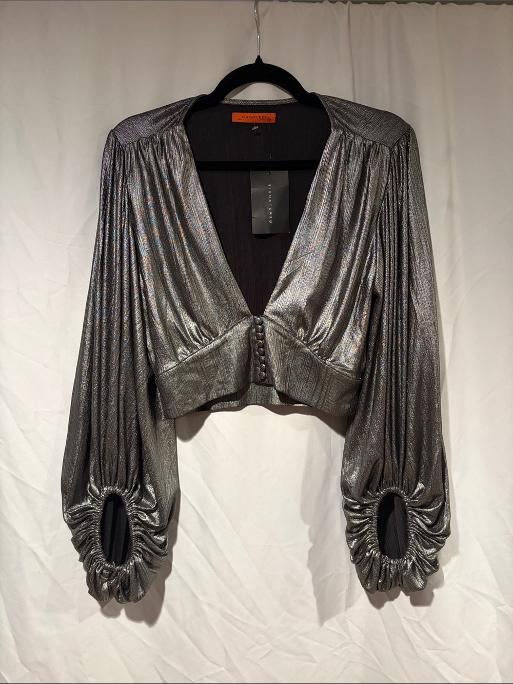 Signature8 Metallic Silver V-Neck Crop Top with Balloon Sleeves